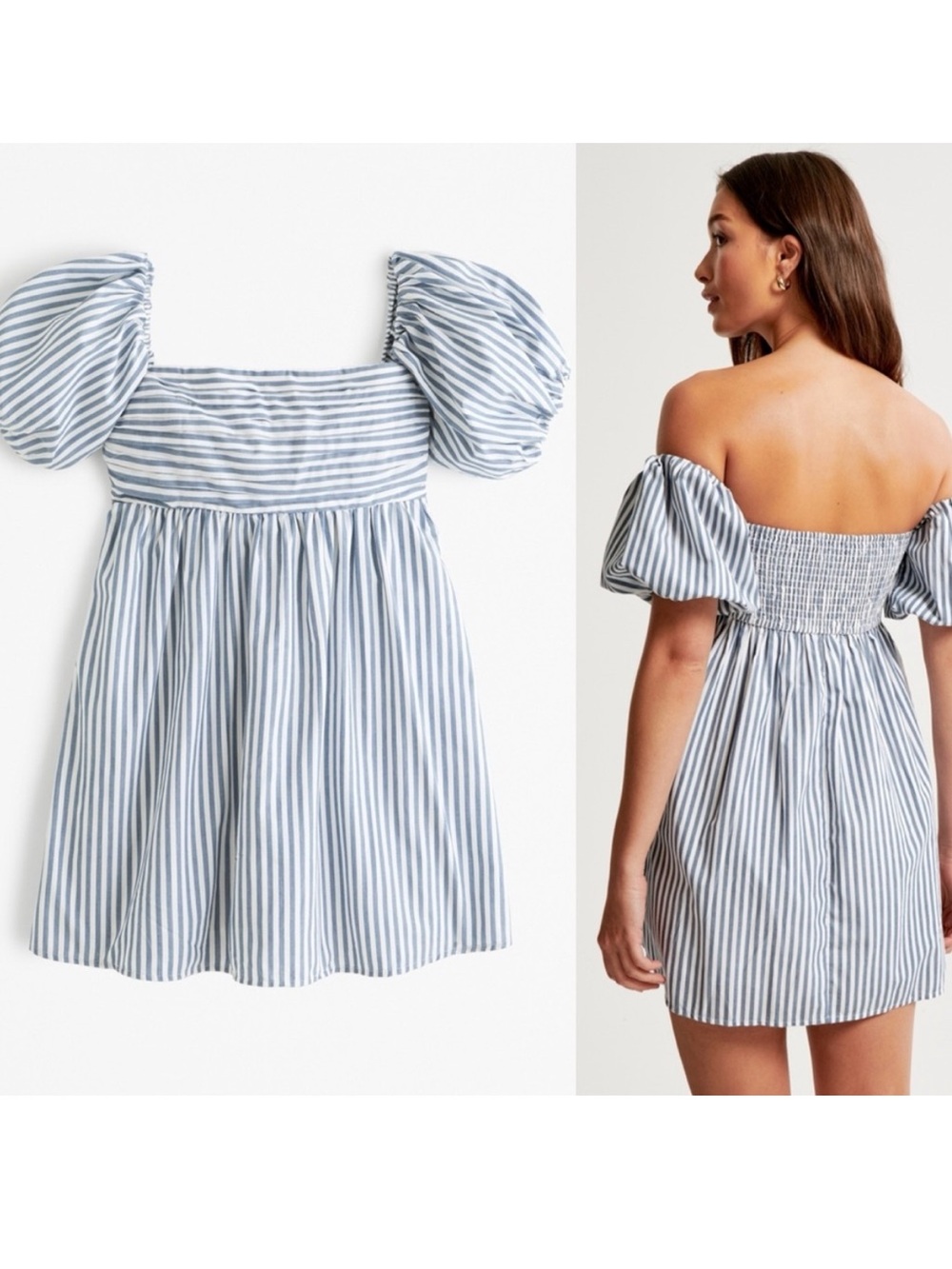 Abercrombie Emerson Off Shoulder Puff Sleeve Blue/White Stripe Dress Skort Large - Picture 2 of 16